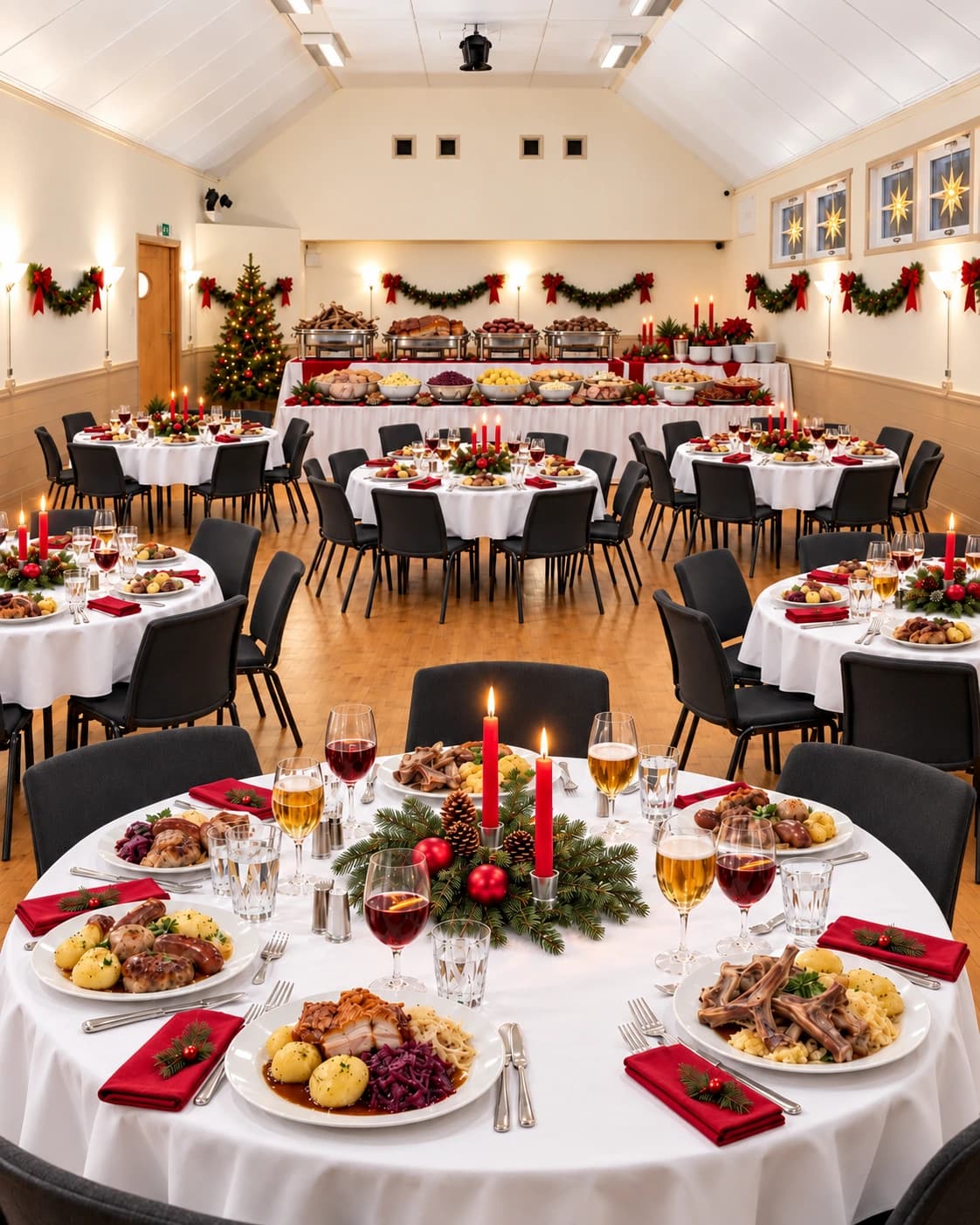 Stor sal dekket til julebord med julebuffet og røde lys