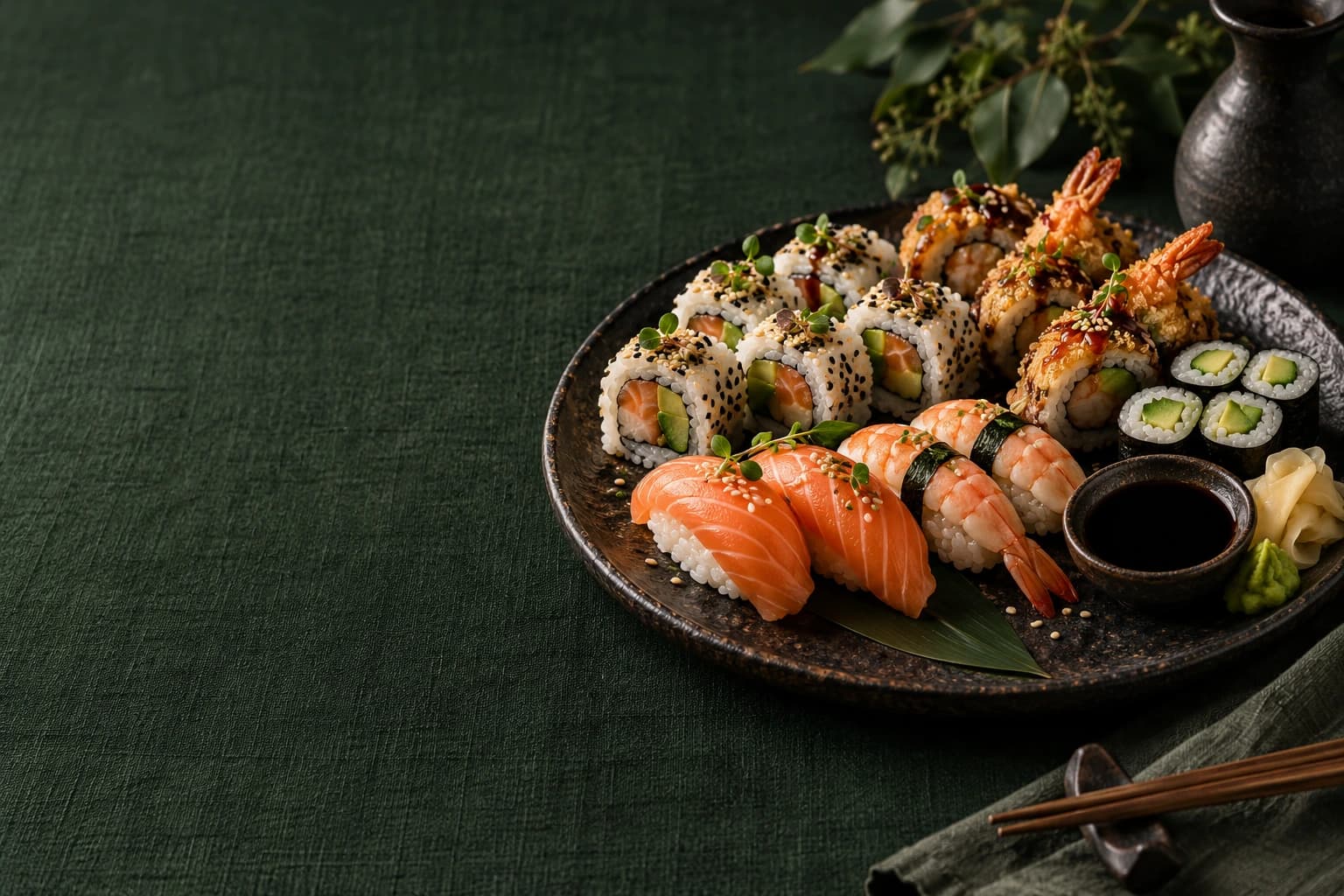 Sushi med laks, reker og grønnsaker på et keramisk fat