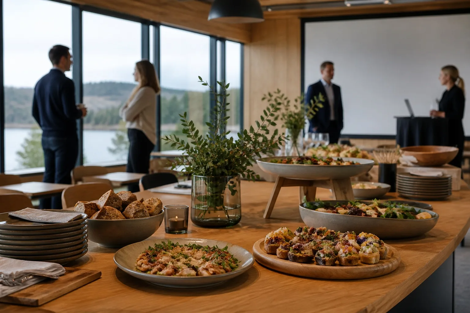 Nordisk bedriftsarrangement med møtedeltakere og en innbydende cateringbuffet