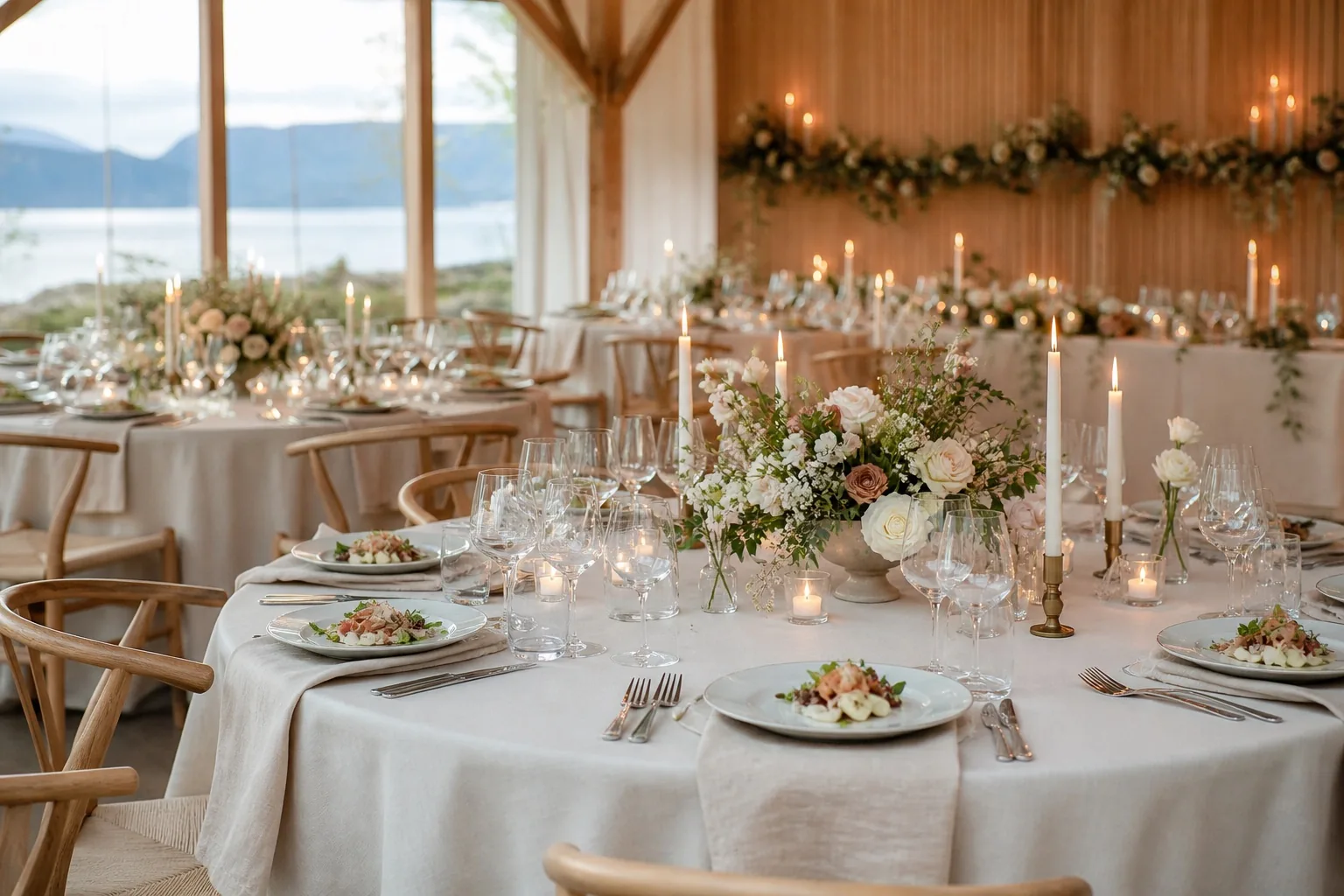 Elegant bryllupslokale med dekkede bord, levende lys og lyse blomster ved fjorden