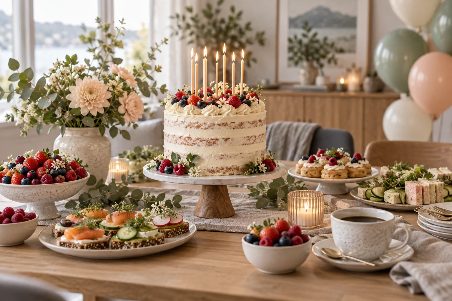 Bursdagskake med tente lys, bær og småretter på et festdekket bord