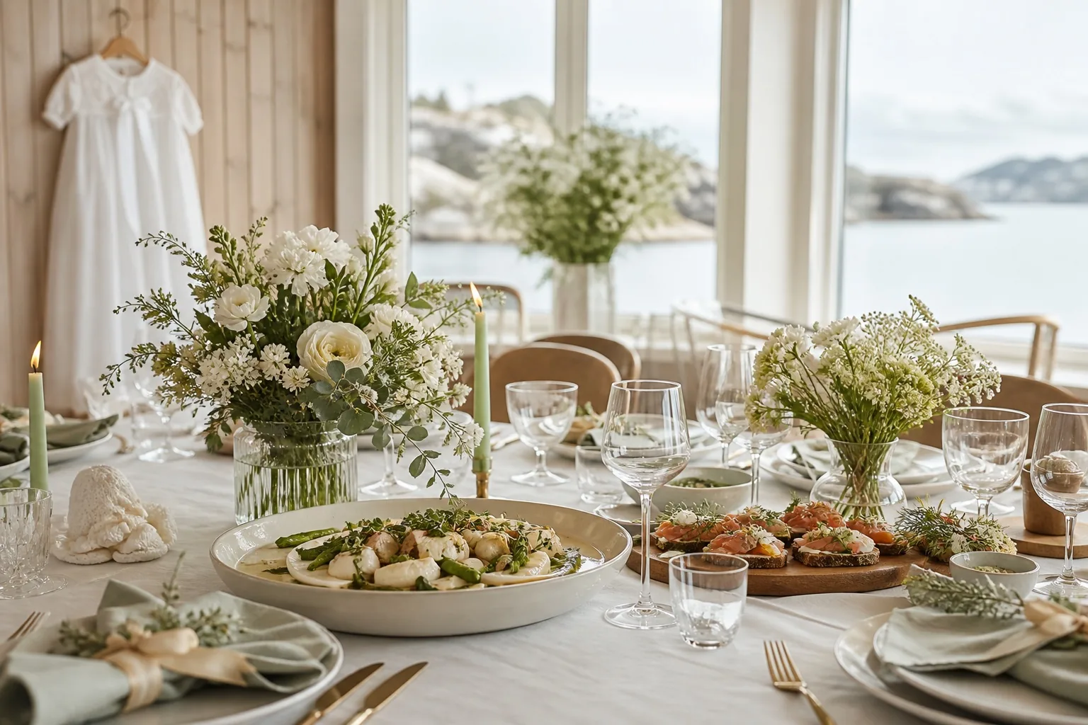 Lyst dåpsbord med hvite blomster, grønne detaljer og cateringretter ved fjorden