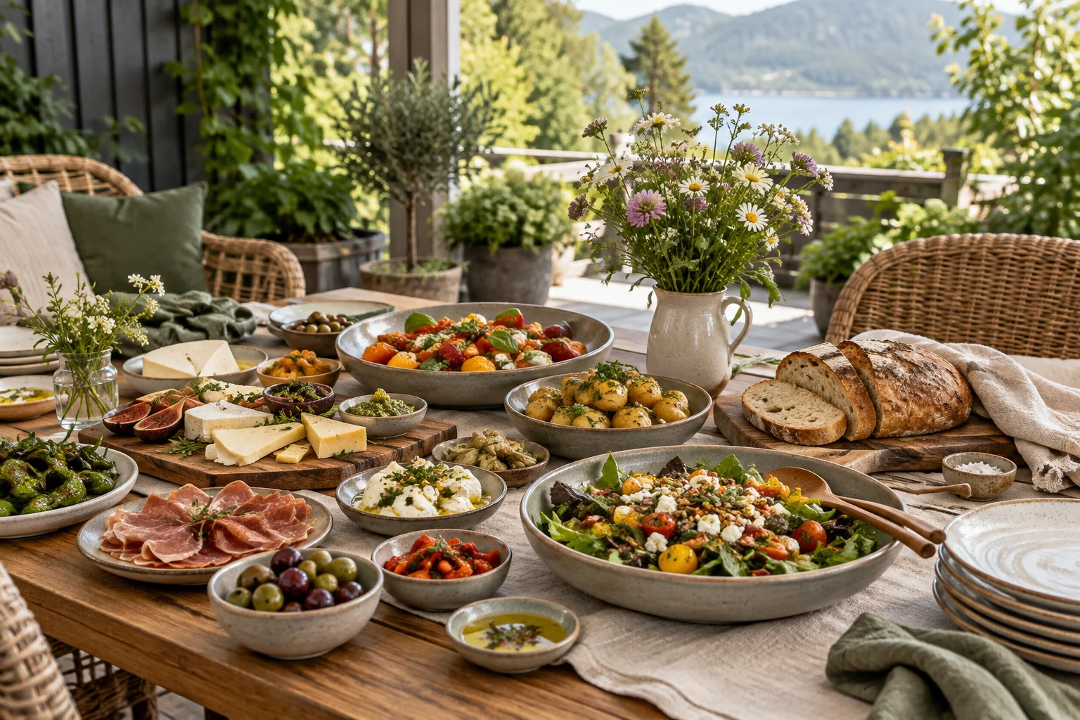 Sosial samling med tapas og delingsretter på en grønn terrasse