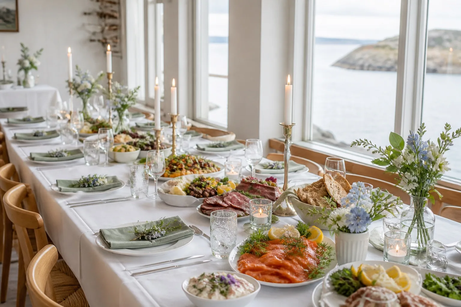 Langt konfirmasjonsbord med nordiske retter, levende lys og dempede blågrønne blomster