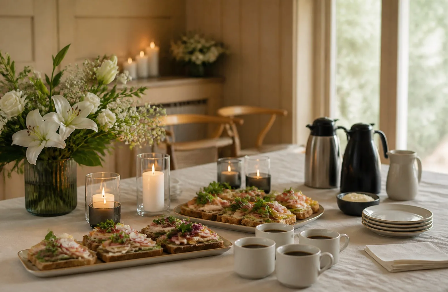 Rolig bord til minnestund med hvite blomster, tente lys, smørbrød og kaffe
