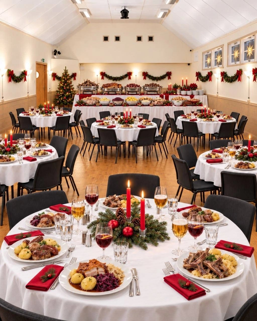 Stor sal dekket til julebord med buffet og røde lys