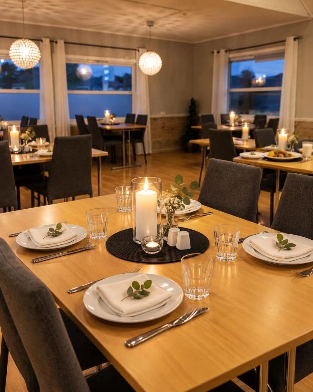 Liten sal med dekkede bord og varm kveldsbelysning