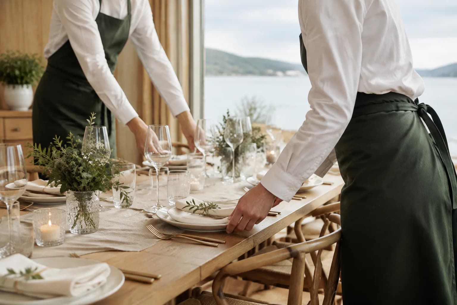 Serveringspersonale som dekker et elegant selskapsbord ved fjorden